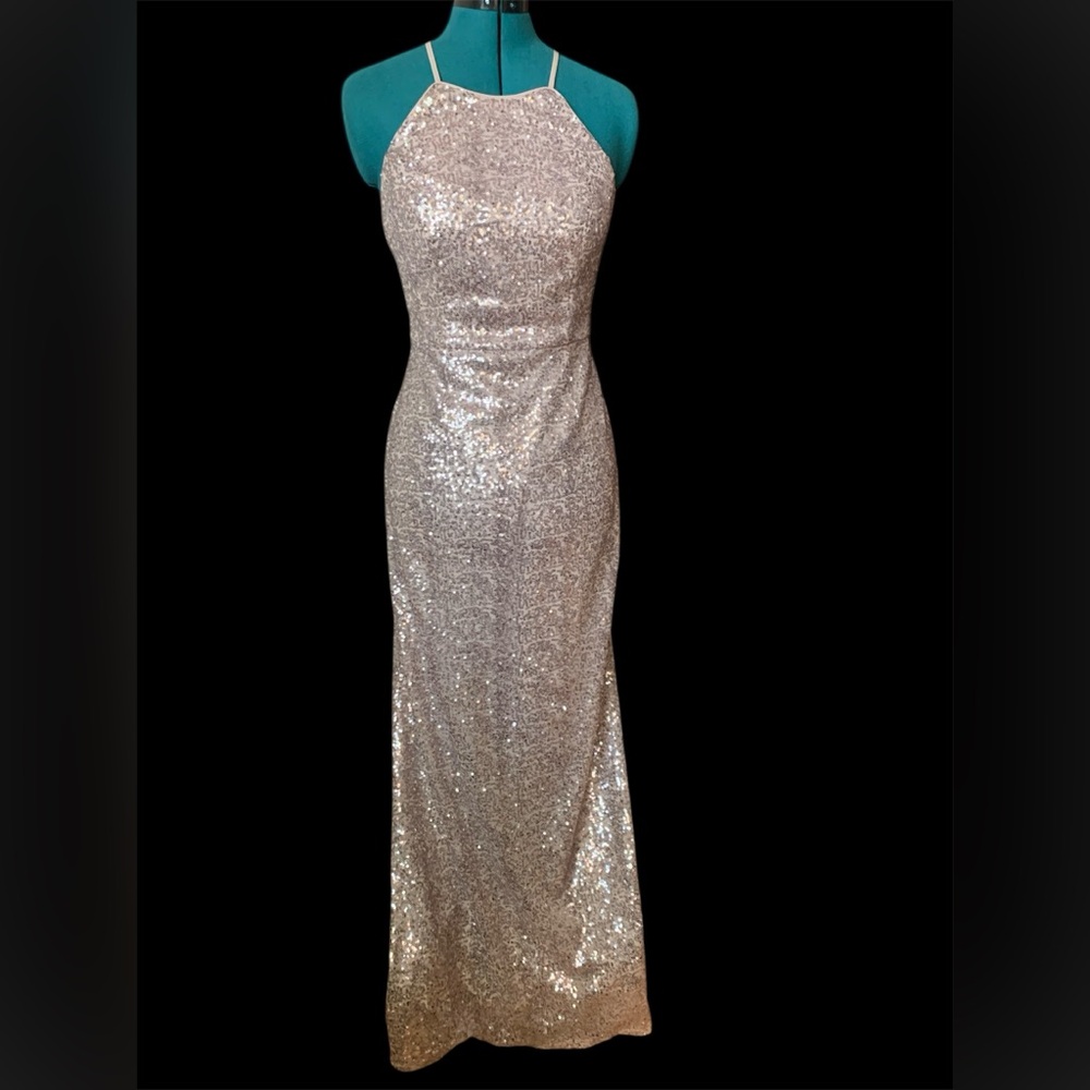 Long Gold Sequin Dress Gown Formal Sleeveless